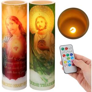 Landhoow 2 Pcs Religious Flameless LED Prayer Candle Real Wax Baptism Candle Set St. Jude and Sacred Heart of Jesus Battery Operated Candles with Remote Control