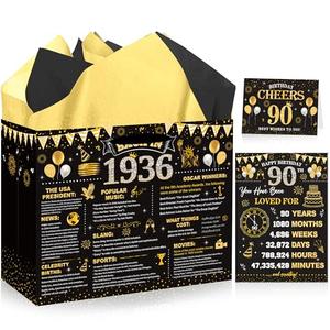 EoBeCy 90th Birthday Gift Bags for Men Women, Vintage Back in 1936 Gift Bag with Tissue Paper, Poster and Greeting Card, Black Gold Wrapping Paper for 90 Year Old Birthday Party Favors Supplies