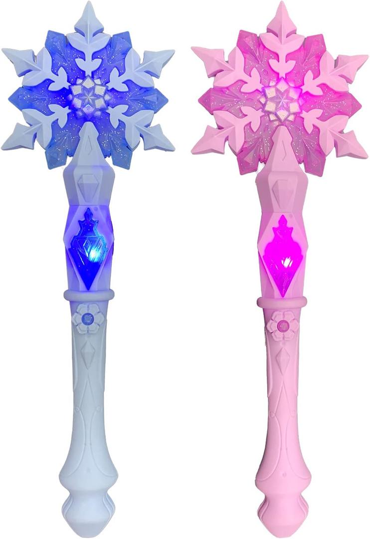 Light Up Frozen Snowflake Wand with Sound, Magic Wand for Kids Girls Princess Birthday Party (Motion Sensitive) Costume Accessories 2 Pieces (Pink/Blue)