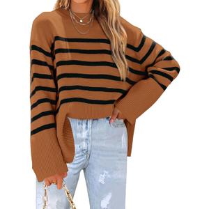 Womens Sweaters Fall 2025 Overiszed Striped Long Sleeve Side Slit Loose Pullover Sweaters Knitted Tops (X-Large, Brown)