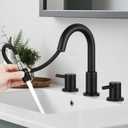 Pull Down Bathroom Faucet for Sink 3 Hole,8 inch Widespread Matte Black Bathroom Sink Faucet with Pop Up Drain, Water Supply Hoses
