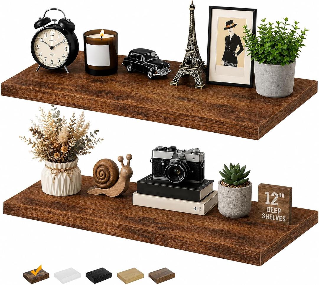 RICHER HOUSE 12 Inch Deep Floating Shelves, 36 Inch Long Wall Shelf, Brown