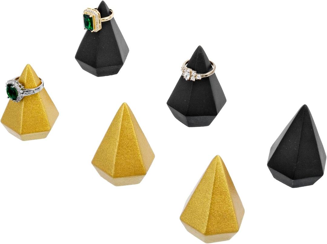 2 x MyGift 2 Inch Small Cone Ring Holder, Art Deco Matte Black and Metallic Gold Geometric Ring Holders, Decorative Diamond Shaped Jewelry Storage Display Stands, 6 Piece Set