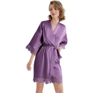 SIORO Women's Satin Robe Lace Silk Kimono Robes Short for Bridesmaid Wedding Party Nightgown Print2 Medium (Purple Haze)