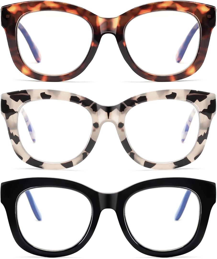 LADEESSE Readers for Women Oprah Style 3 Pack Square Oversized Reading Glasses with Spring Hinge Blue Light Blocking Ladies (Black+grey+tortoiseshell)