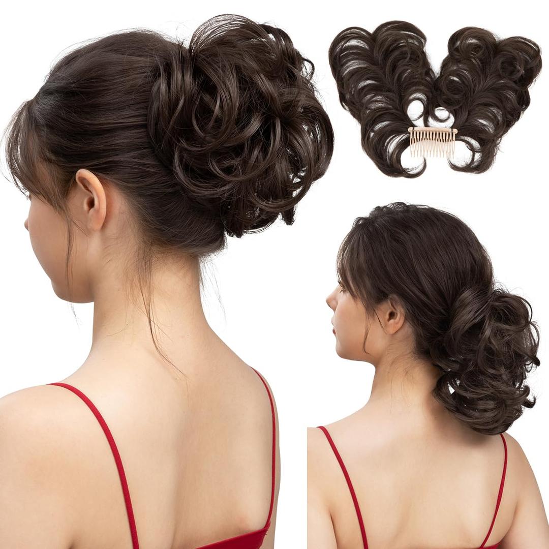 Messy Bun Hair Piece Side Comb Clip in Hair Bun Hairpiece for Women Short Natural Straight Versatile Adjustable Styles Easy Hair pieces (Dark Brown-C)