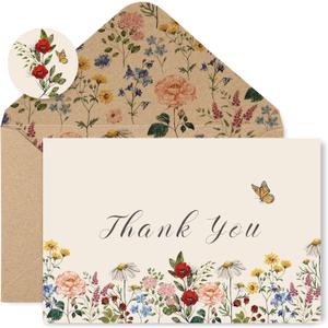 JarThenaAMCS 100 Pack Vintage Wildflower Thank You Cards Flower Greeting Cards Spring Blank Note Cards with Kraft Envelope Sticker for Birthday Wedding Baby Shower Bridal Shower, 4 x 6 Inch