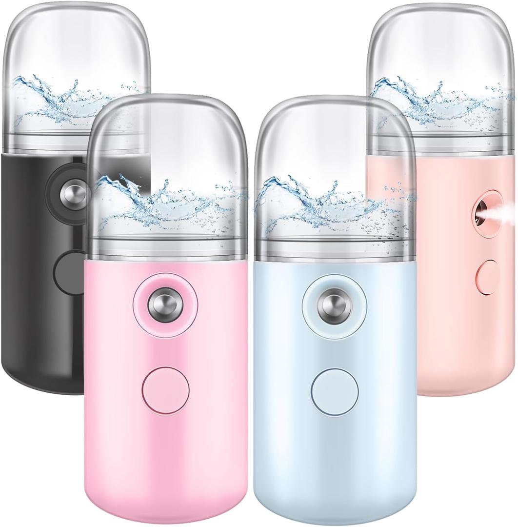 Mudder 4 Pcs Nano Facial Mister Handy Nano Mist Sprayer 30ml Visual Water Tank Portable Face Steamer Mini USB Mister for Lash Extensions, Skin Care, Makeup (Black, Blue, Light Pink, Pink)