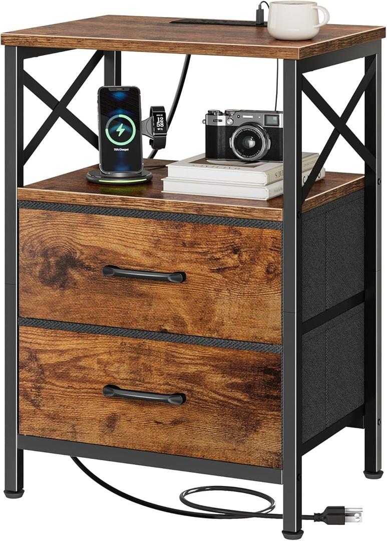 Huuger Night Stand with Charger Station, 2 Drawer Nightstand with Open Shelf, Bed Side Table with USB-C Port, End Table, Compact Size for Small Spaces, X Shaped Side Rail, Rustic Brown