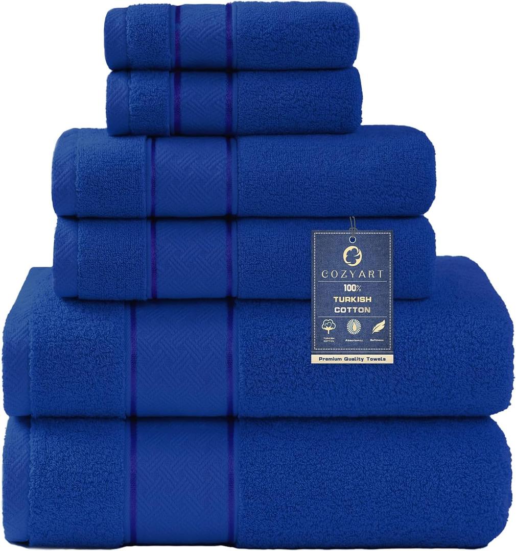 COZYART Royal Blue Bath Towels Set 6 Piece, 2 Bath Towels 2 Hand Towels 2 Washcloths, Luxury 100% Turkish Cotton 650GSM Hotel Quality, Soft, Absorbent, Towel Sets for Bathroom 