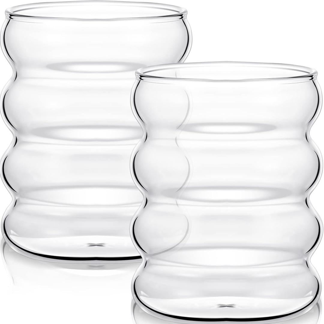 Cunhill 2 Pcs Wave Glass Cup 10 oz Ribbed Bubble Drinking Glassware Creative Cocktail Martini Clear Drink Cup Gift for Juice Beer Wine Milk Soda Home Kitchen Bar Party