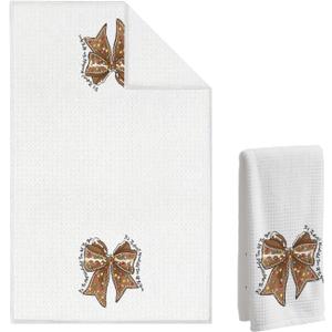 Gingerbread Bow Christmas Waffle Towel, Cookie Hand Towel, Holiday Dish Tea Towels. 16x24 Inch. Decor for Christmas Kitchens/Bathrooms. Gift for Bakers & Women. (White Christmas-06)