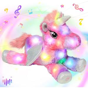 Hopearl Colorful LED Musical Stuffed Unicorn Lighting Up Singing Plush Toy Adjustable Volume Lullaby Animated Soothe Birthday Festival for Kids Toddler Girls, Rainbow, 16''