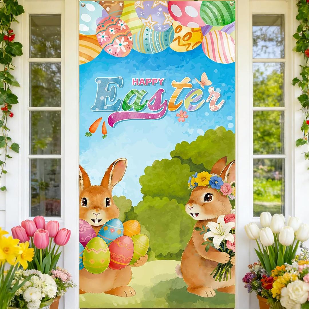 Easter Bunny Door Decoration, Happy Easter Door Cover with Eggs Lily, Spring Banner Welcome Decoration Porch Sign for Home Classroom Decor & Party Supplies, 71x35 Inch