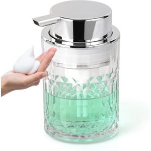 Bathroom Glass Soap Dispenser with Durable Rust-Proof Plastic Foam Pump Hand Lotion Dispenser Antislip Shampoo Kitchen 10oz (Foam-001-silver)