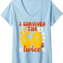 Womens I Survived The Sixties Twice, 70th Birthday Joke grandparent V-Neck T-Shirt (Blue, M)