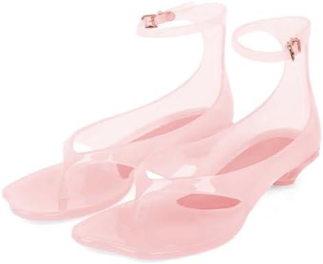 Agodor Jelly Thong Heeled Sandals for Women,Clear Flip Flop Low Kitten Heels for Women Square Open Toe Strappy Summer Casual Beach Adjustable Buckle Dress Sandals, 