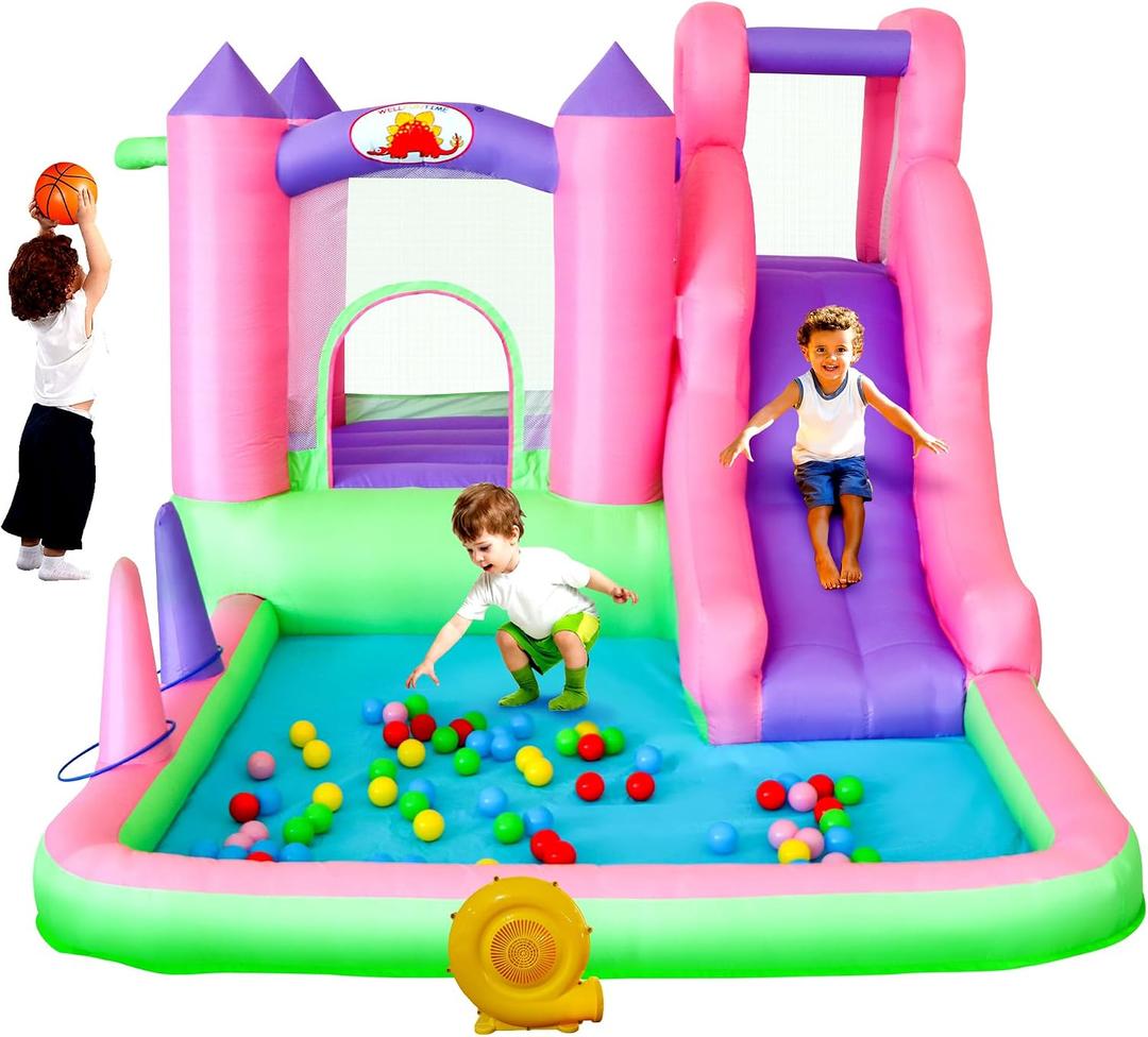 WELLFUNTIME Inflatable Bounce House with Blower, 7 in 1 Bouncy Castle with Slide, Ball Pit, Basketball Hoop, Ringtoss, Jumping Castle for Kids Ages 3-6, 121x76x64 Inch, 116 X 78 X 64 Inches