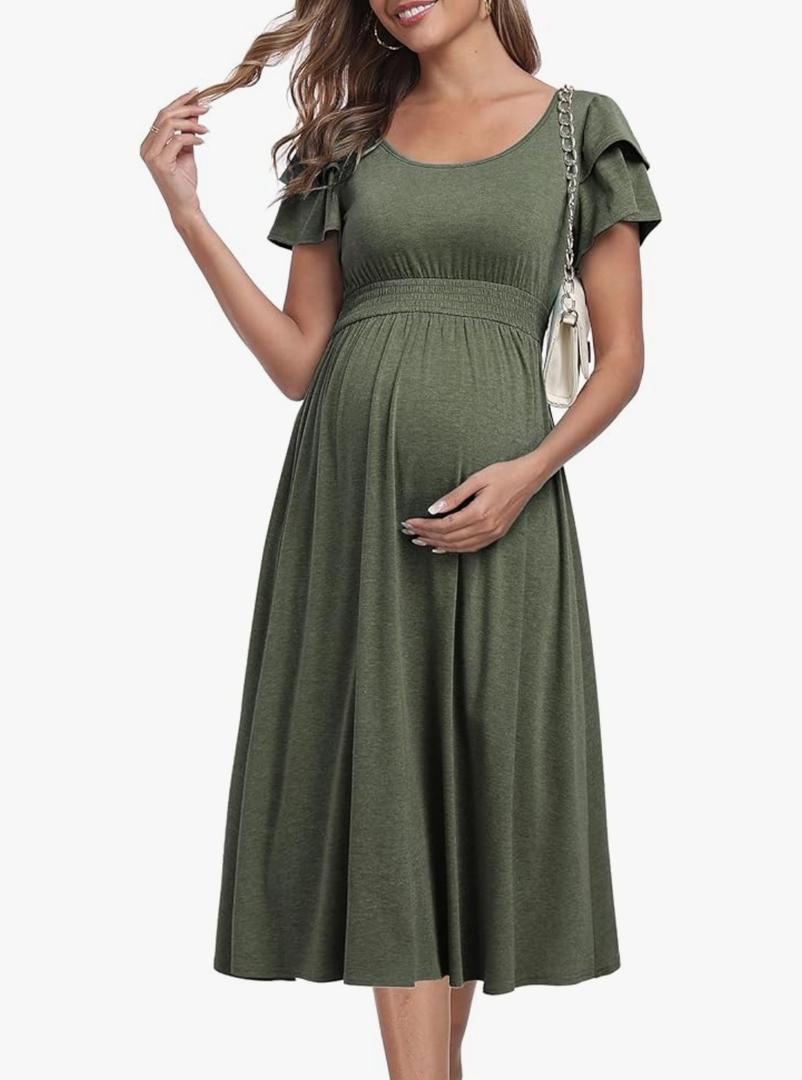 Ruffle Short Sleeve Maternity Dress High Waisted Midi Spring Baby Shower Dresses Size Large