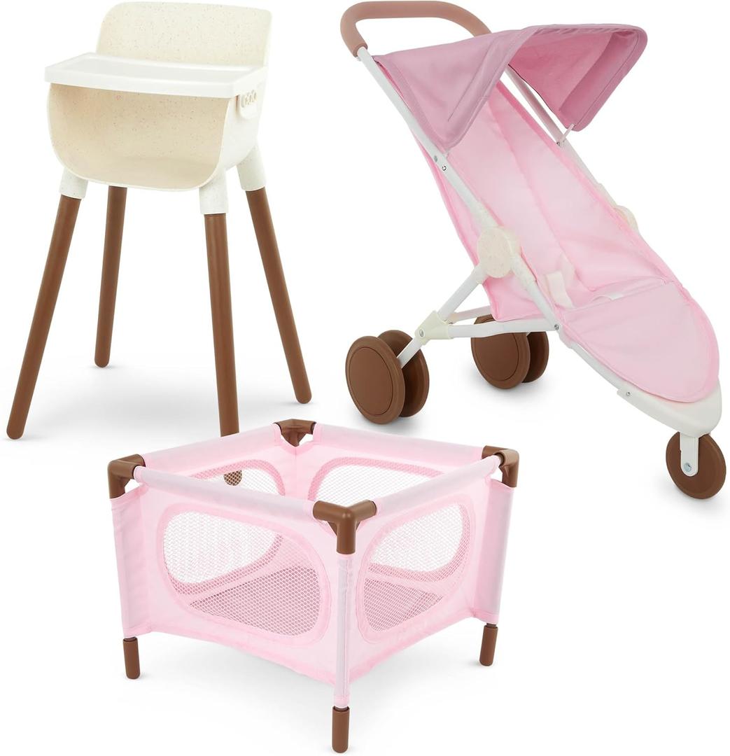 LullaBaby  14-Inch Realistic Baby Doll Accessory Bundle  Nursery Care Set  High Chair, Playpen & Jogger Stroller  Pretend Play Toys  Kids 2+ Years Baby Doll Nursery Playset
