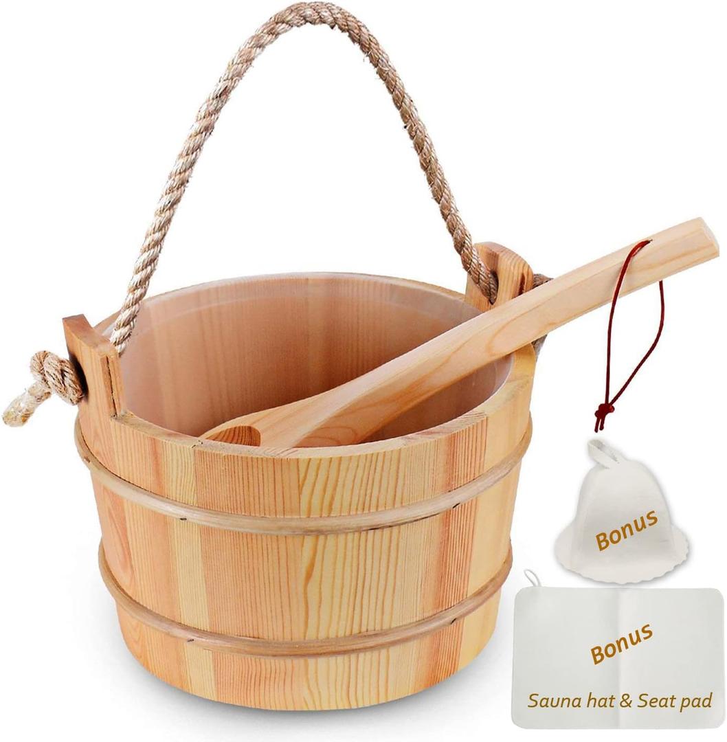 Sauna Bucket with Ladle Handmade Wooden Sauna Bucket Sauna Spa Accessory - 5 Liter (1.3 Gallon) Sauna Bucket with Felt Sauna Hat and Sauna Seat Pad