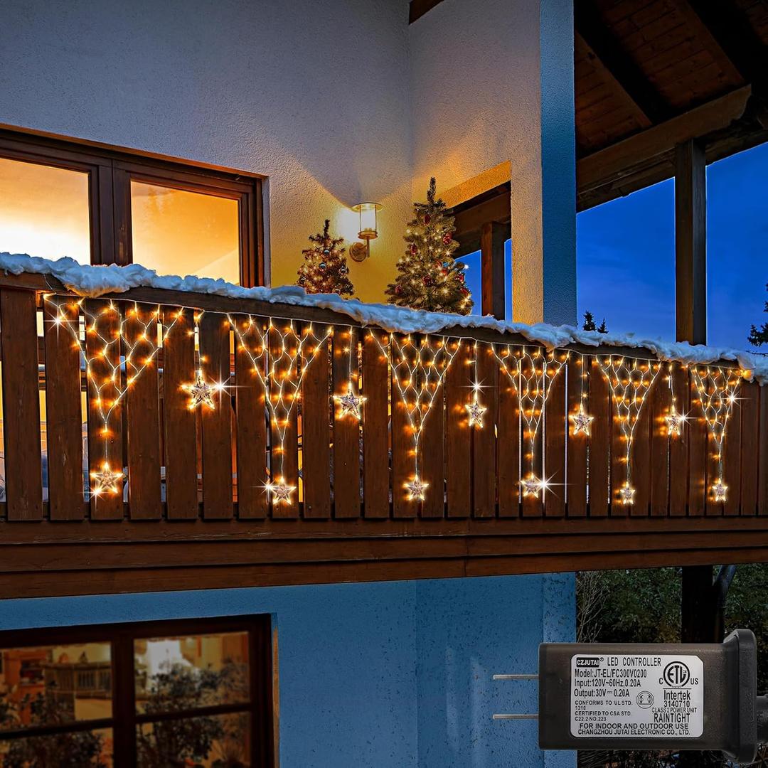 DBFAIRY Christmas Net Lights,196 LED 13.1x1.9Ft Waterproof Outdoor Christmas Lights Net Mesh Light Mains Powered Timer Built in LED Net Light Holiday Decor for Balcony Fence Roof Railing Wall (Warm White Star)