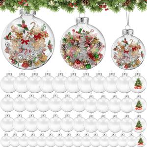 Wettarn 50 Pcs 4" 3.15" 2.36" Clear Plastic Flat Fillable Ornaments for Crafts Plastic Discs Christmas Hanging Ornaments Ball with Lid Rope for DIY Crafts Xmas Tree Home Decor Holiday Wedding Party