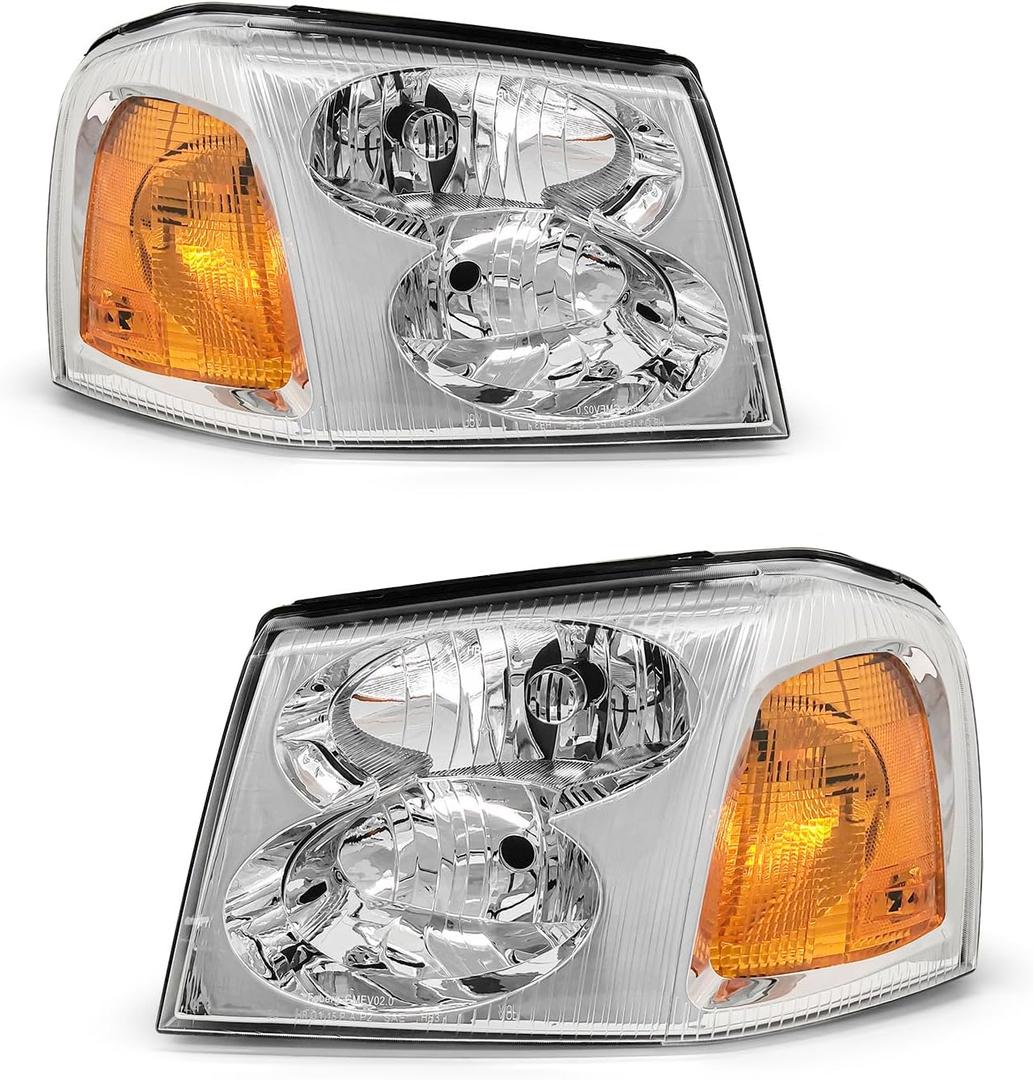 Headlight Assembly for Gmc 02 03 04 05 06 07 08 09 Envoy Headlight fit 2002-2009 Gmc Envoy Headlamp Amber Clear Lens Chrome Housing with Reflector Replacement Left + Right W/O Bulbs