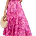 ABYOVRT Women Floral Maxi Dress Short Puff Sleeve V Neck Bohemian Flowy Dress Smocked Casual Spring Summer Dresses (Pink, M)