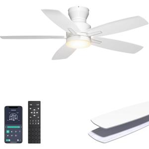 Ohniyou Ceiling Fans with Lights, 42'' Low Profile Ceiling Fan with Light and Remote/APP Control, Modern Flush Mount Ceiling Fan for Indoor Bedroom Kitchen, Dimmable, Qiuet DC Motor, White