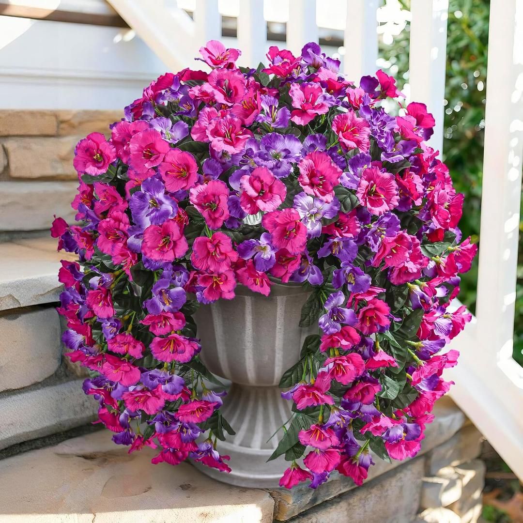 Hibiscus Artificial Fake Hanging Flowers Plants for Outdoor Spring Decoration, 2PCS UV Resistant Faux Hibiscus Silk Flowers Realistic Look Real for Planters Outside Porch Patio Yard, Violet Fuchsia