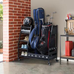 Lauren&Harold Golf Bag Organizer Garage Storage, Golf Storage Rack Stand Fits 2 Golf Bags, Golf Clubs and Other Golfing Equipment Accessories, Golf Organizer for Garage, Club, Shed, Basement (Middle, Black)