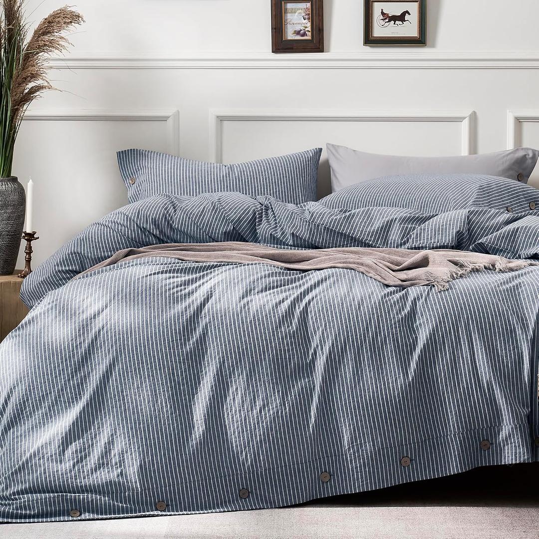 JELLYMONI Cotton Duvet Cover Full Size - Blue Vertical Pinstriped Comforter Cover with Button 100% Washed Cotton 3PCS Breathable Soft Solid Bedding Set Duvet Cover 8090in & 2 Pillowcases