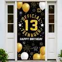13th Birthday Backdrop Banner for Boys Girls, Fabric Yard Sign, Photo Props Door Decorations, 13 Years Old Teenager Party Decor Indoor Outdoor, Black Gold Silver Theme