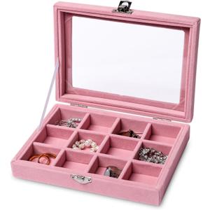 Frebeauty Jewelry Organizer Tray with Clear Lid,12 Grid Velvet Drawer Insert Jewelry Storage Box with Transparent lid Jewelry Display Case Store Showcase Jewelry Box Gift for Women(Pink,12 Grid)