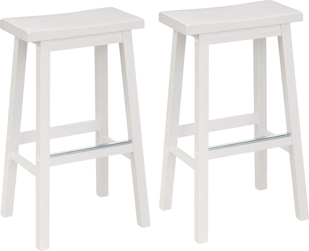 Amazon Basics Solid Wood Saddle-Seat Counter Height Bar Stools for Kitchen Island and Home Bar with Footrest, 29-Inch Height, White, Set of 2