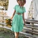 chouyatou Women's Summer Flutter Sleeve Midi Long Gingham Dress Plaid Button Down Shirt Dress (Green, XL)