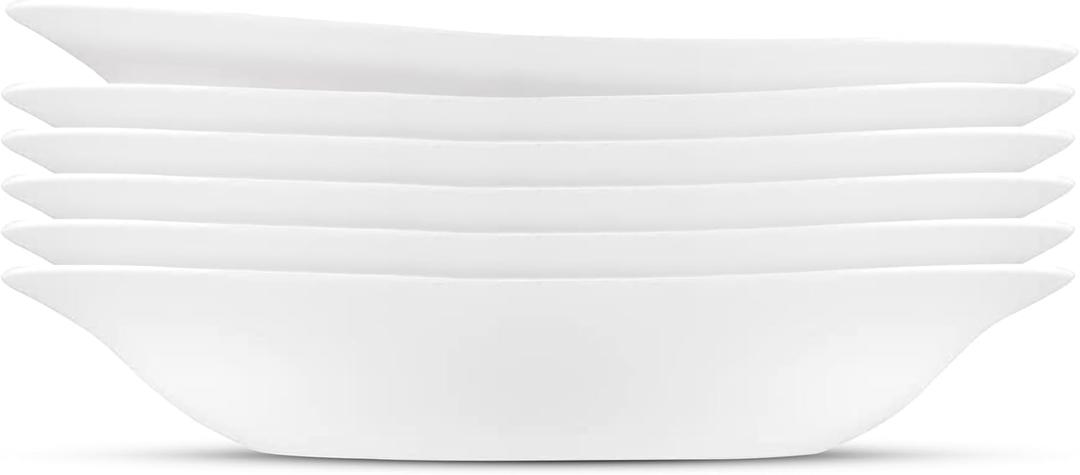 Bormioli Rocco Parma Set Of 5 Pasta Bowls And Soup Plates, 8.75 Inch Tempered Opal Glass, Clean White, Linear & Curved Design, Dishwasher Safe, Made In Spain.