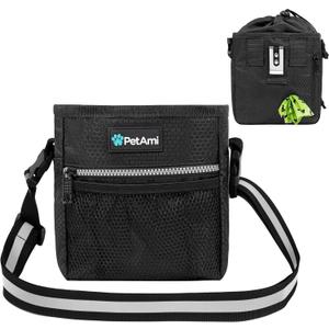 PetAmi Dog Treat Pouch, Pet Treat Pouch for Training, Dog Walking Bag Holder for Kibbles, Pet Food Toy, Dog Trainer Essentials Supplies, Poop Bag Dispenser, 3 Ways to Wear (Black) (One Size)
