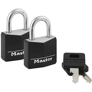 Master Lock Black Outdoor Key Lock, Standard Weather Resistant Padlock with Cover, Keyed Alike Padlocks for Lockers, Fences, Sheds, or Other Equipment, 2 Pack, 131T