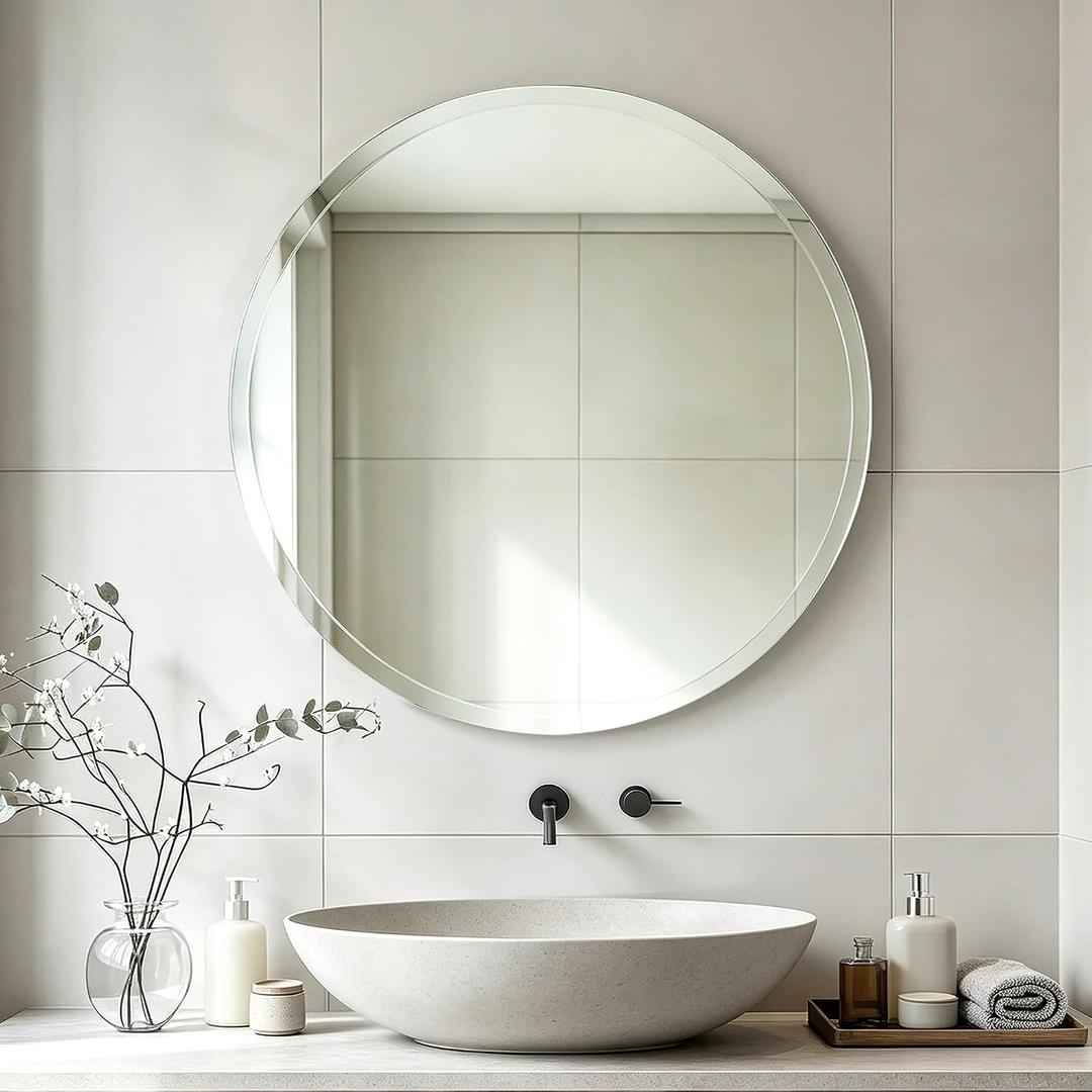 24 Inch Frameless Round Bathroom Mirror, Silver Beveled Edge Wall Mirror