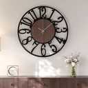 Large Wall Clock for Living Room Decor, 24 inch Decorative Wood Wall Clocks Silent Non Ticking Battery Operated, Black Metal Clock for Farmhouse, Dining Room, Bedroom, Kitchen - Arabic Numerals