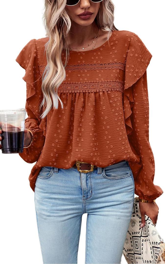 PRETTYGARDEN Women's Long Sleeve Blouses Ruffle Swiss Dot Crochet Loose Fit Tunic Dressy Casual Tops Shirts Fall Fashion 2025 (Large, Brick Red)
