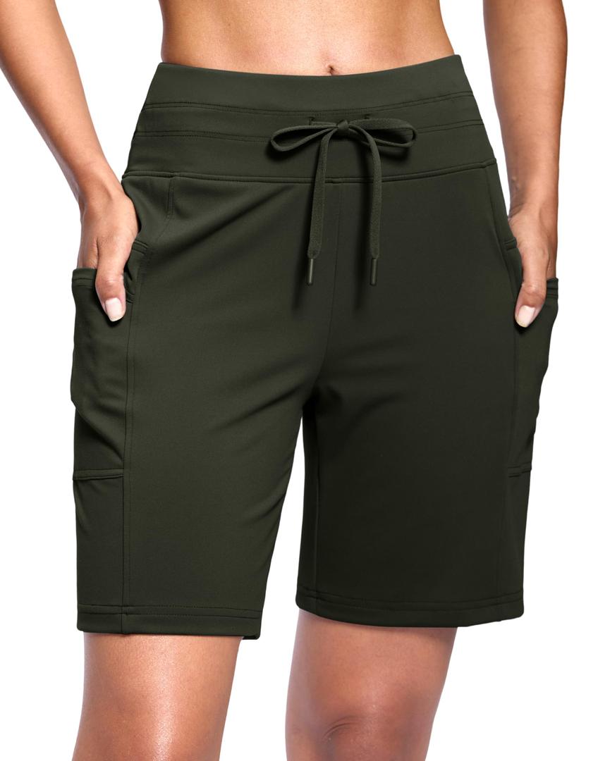 Women's 7" Athletic Hiking Long Shorts with Pockets High Waisted Army Green (XXL)