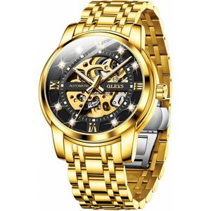 OLEVS Mens Automatic Watch Skeleton Diamond Luxury Mechanical Self Winding Dress Wrist Watch Waterproof Luminous (G9901: Gold band & Black dial)