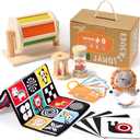 Toyssa Montessori Toys for Babies 0-6 Months, 6 in 1 Wooden Learning Educational Sensory Toys with Spinning Drum & Tummy Time Mirror & Baby Rattle & Flash Card, Birthday Gifts for Babies Boys Girls, Medium, Small