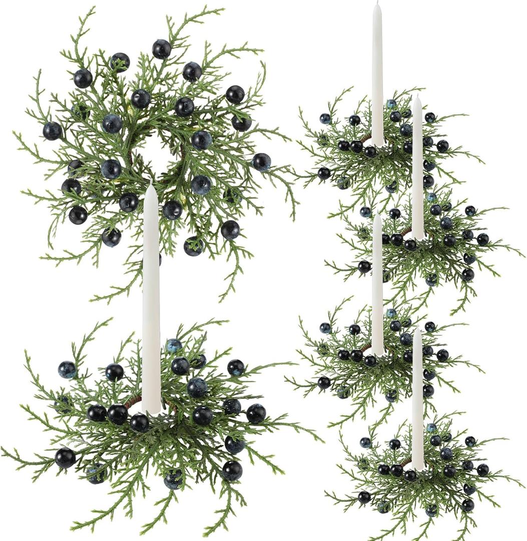 Giegxin 6 Pcs Christmas Taper Candle Rings Wreath with Blue Berry 1.25" Inner Diameter Mini Artificial Cedar Pine Garland Candle Ring Holder for Christmas Wedding Winter Home Table Centerpiece (Green)