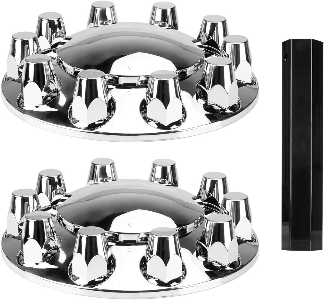33mm ABS Axle Cover with Chrome Complete, Thread-On Dome Combo Kit Screw-on Lug Nut Covers for Semi Truck with 2 Front Axle Wheel Covers and Removable Hub Caps