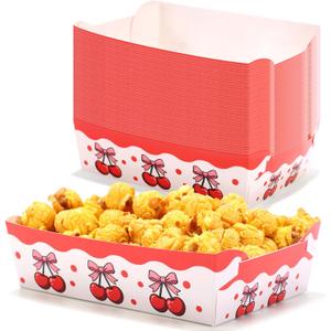 50pcs Cherry Food Trays, Kraft Paper Food Holder Trays Cherry Serving Snack Boats Birthday Paper Serving Hot Dog Plates Fruit Theme Party Supplies for Birthday Decorations