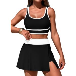Women's High Waisted Bikini Sets Tummy Control Swim Skirt Two Piece Swim Suit Tummy Control Color Block Bathing Suit (Medium, Black)